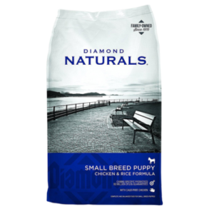 Diamond Naturals Small Breed Puppy Chicken & Rice Dry Dog Food. Blue 40-lb dry dog food bag.