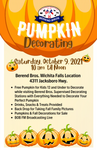 Join the fun at our free Pumpkin Decorating Party on Saturday, October 9th from 10:00 a.m. until noon, at Berend Bros. in Wichita Falls.