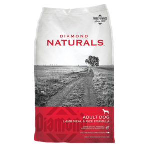 Diamond Naturals Adult Lamb Meal and Rice Formula. Red and grey 40-lb dry dog food bag.